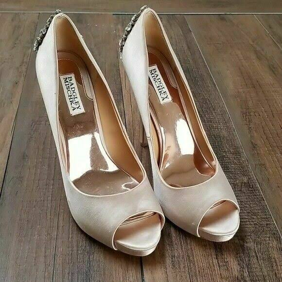 Latte Satin Embellished Peep-Toe Evening Pumps H575