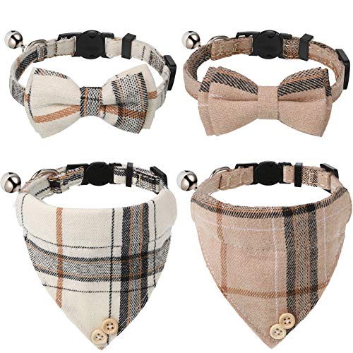 4 Pieces Breakaway Cat Collar Bandana with Plaid Scarf and Bowtie Bell O383
