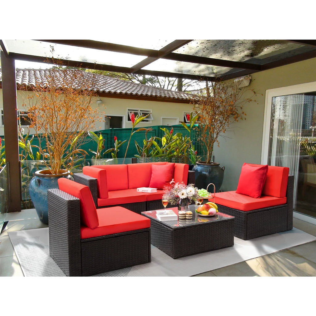 Red 5 Pieces Outdoor Wicker Rattan Sectional Set with Glass Table Q7622