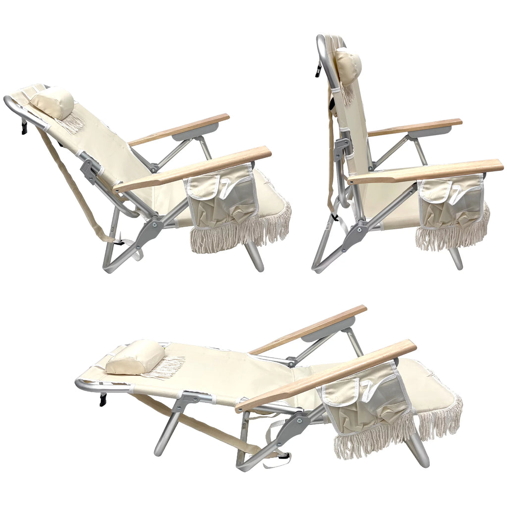 Tassel Backpack Beach Chair 5 Positions Cup Holder Padded Pillow Lightweight Rustproof Aluminum Black Frame 1 Pack TAN Z749842