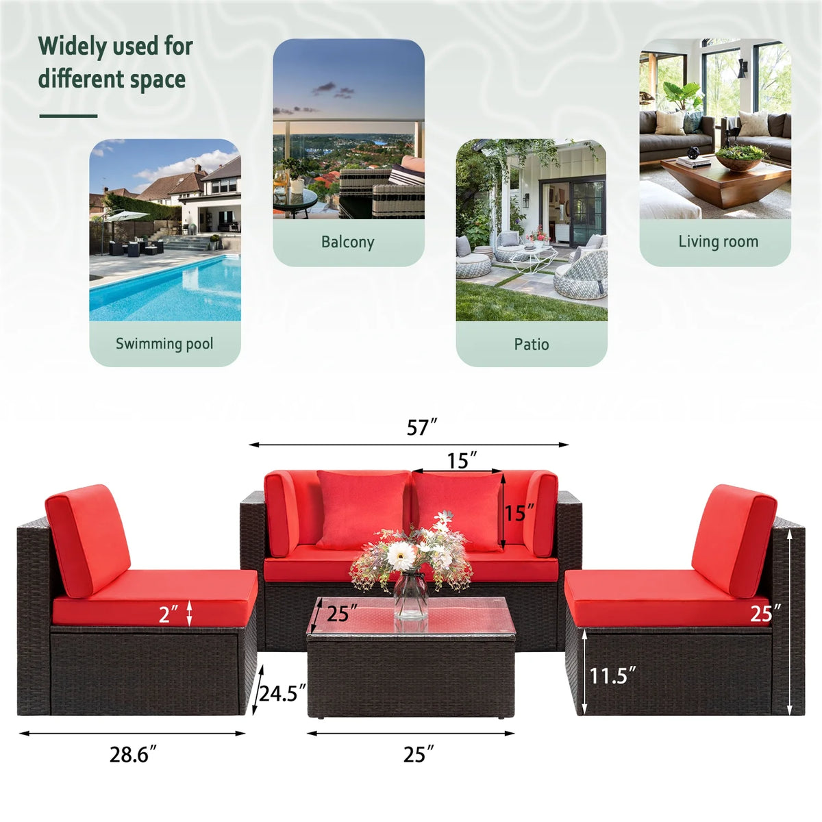 Red 5 Pieces Outdoor Wicker Rattan Sectional Set with Glass Table Q7622