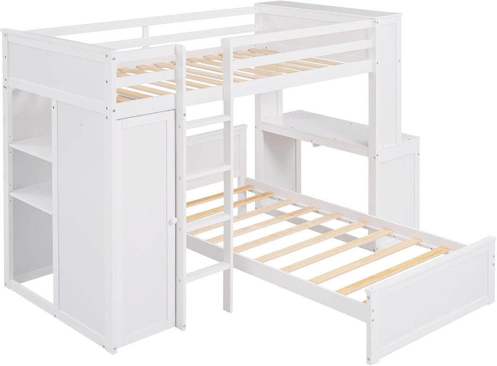 White Twin Wooden Bunk Loft Bed with Shelves Desk and Wardrobe U869721