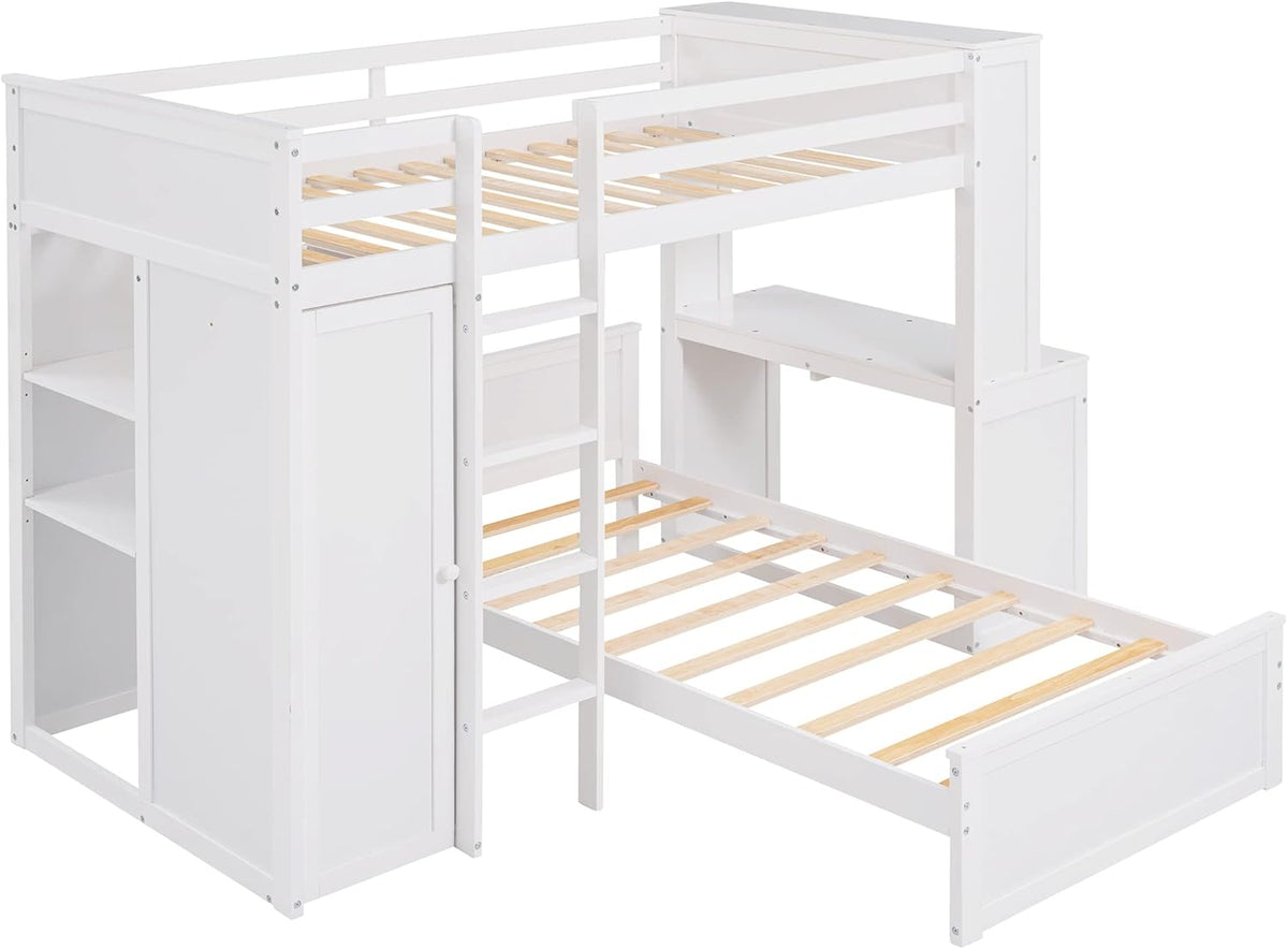 White Twin Wooden Bunk Loft Bed with Shelves Desk and Wardrobe U869721
