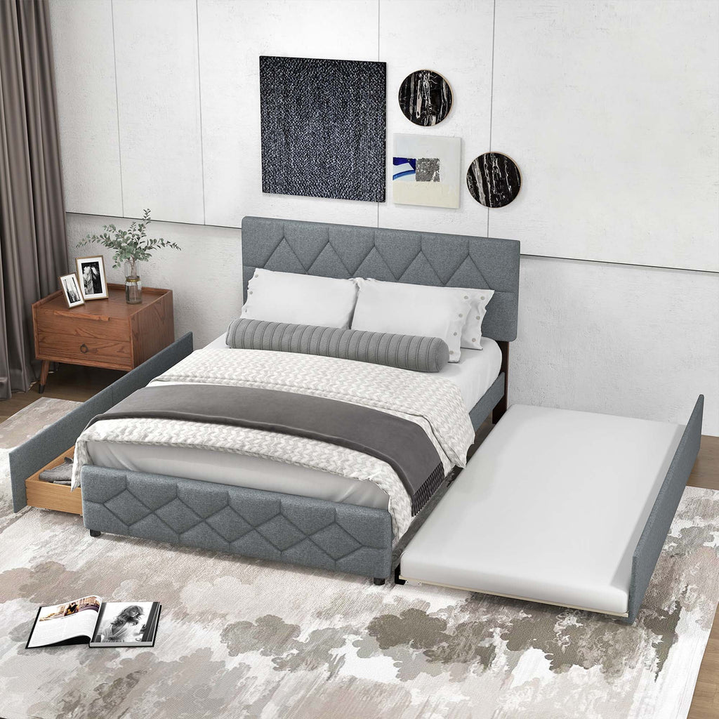 Queen Upholstered Platform Bed with Twin XL Trundle and 2 Drawers X5086