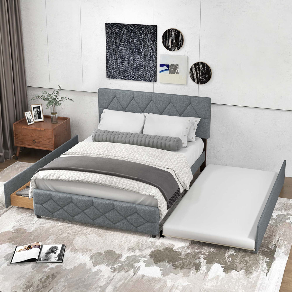 Queen Upholstered Platform Bed with Twin XL Trundle and 2 Drawers X5086