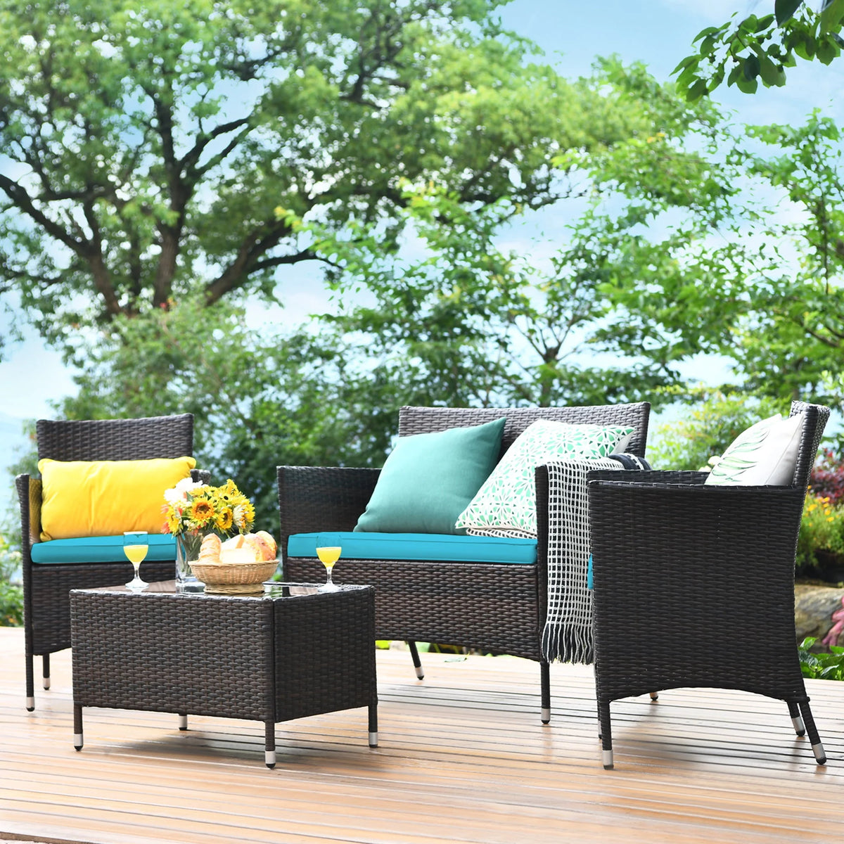 4 Pc Turquoise Cushioned Patio Rattan Conversation Furniture Set Q75417