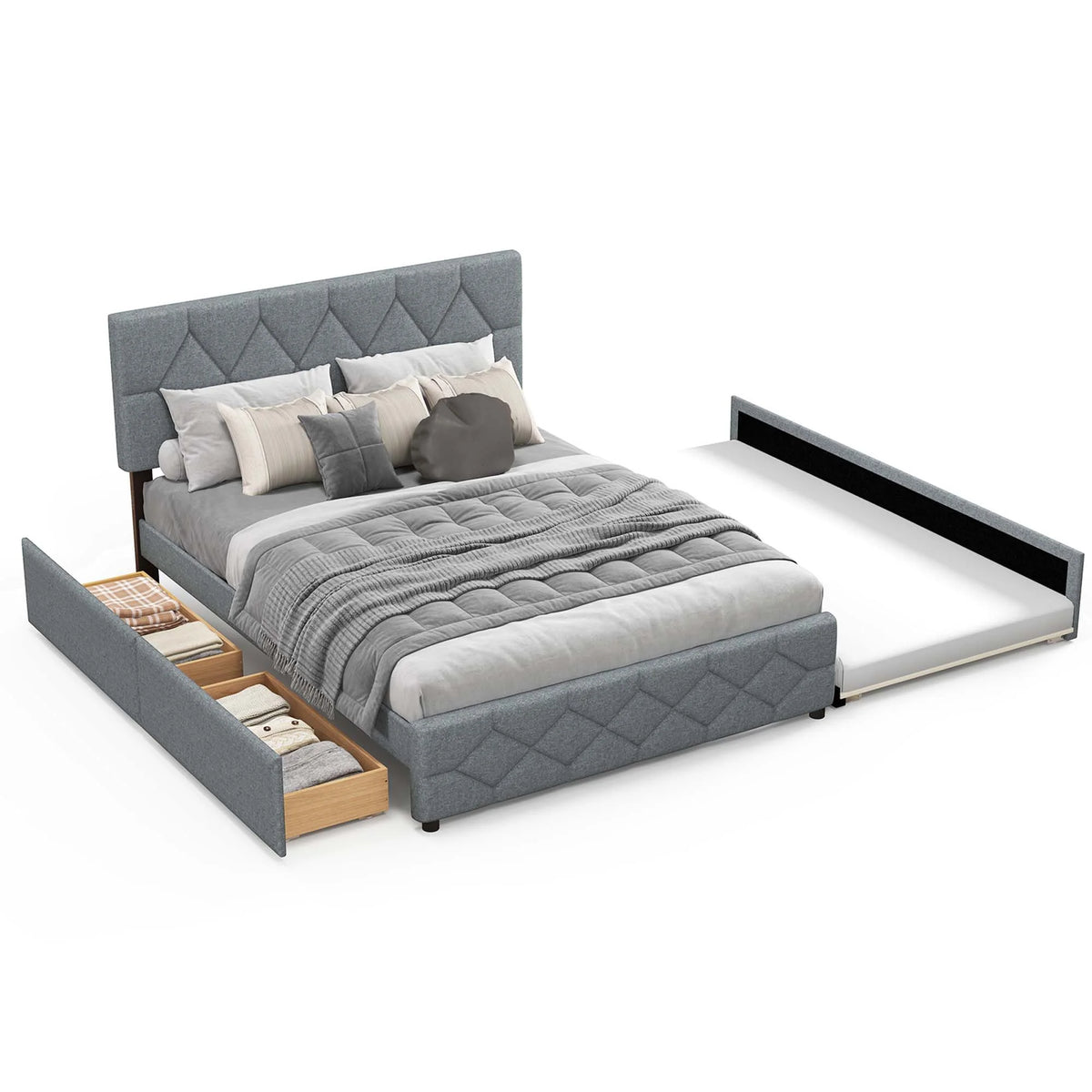 Queen Upholstered Platform Bed with Twin XL Trundle and 2 Drawers X5086