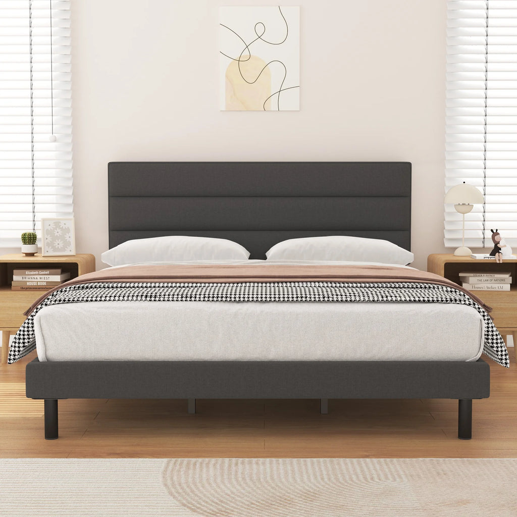 King Size Platform Bed with Wingback Fabric Upholstered Headboard Y76739
