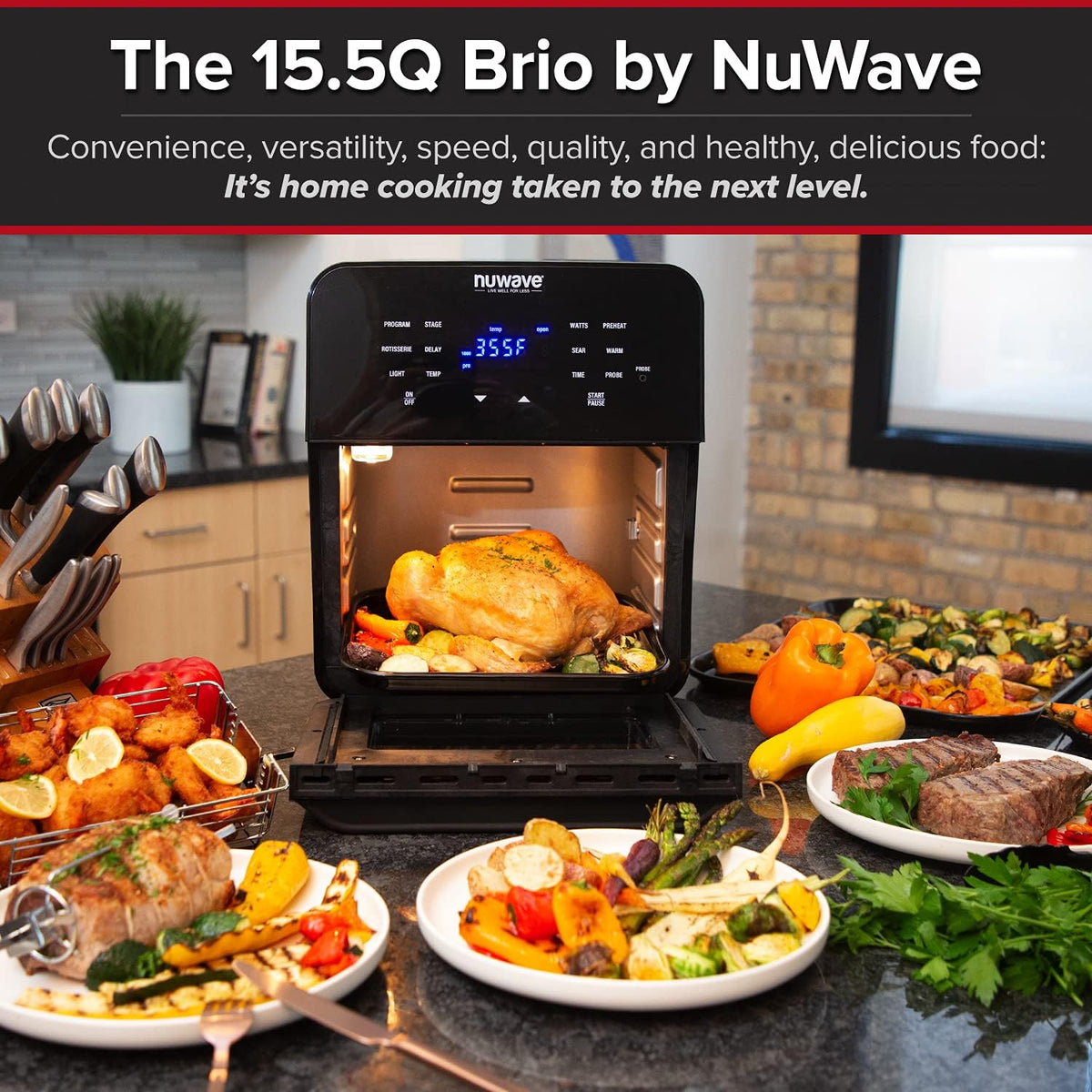 Brio Air Fryer Smart Oven, 15.5-Qt X-Large Family Size, Countertop Convection Rotisserie Grill Combo, 4 Rack Positions, 50°-425°F Temperature Controls in 5° Increments, Linear Thermal Technology and Integrated Temperature Probe S8569