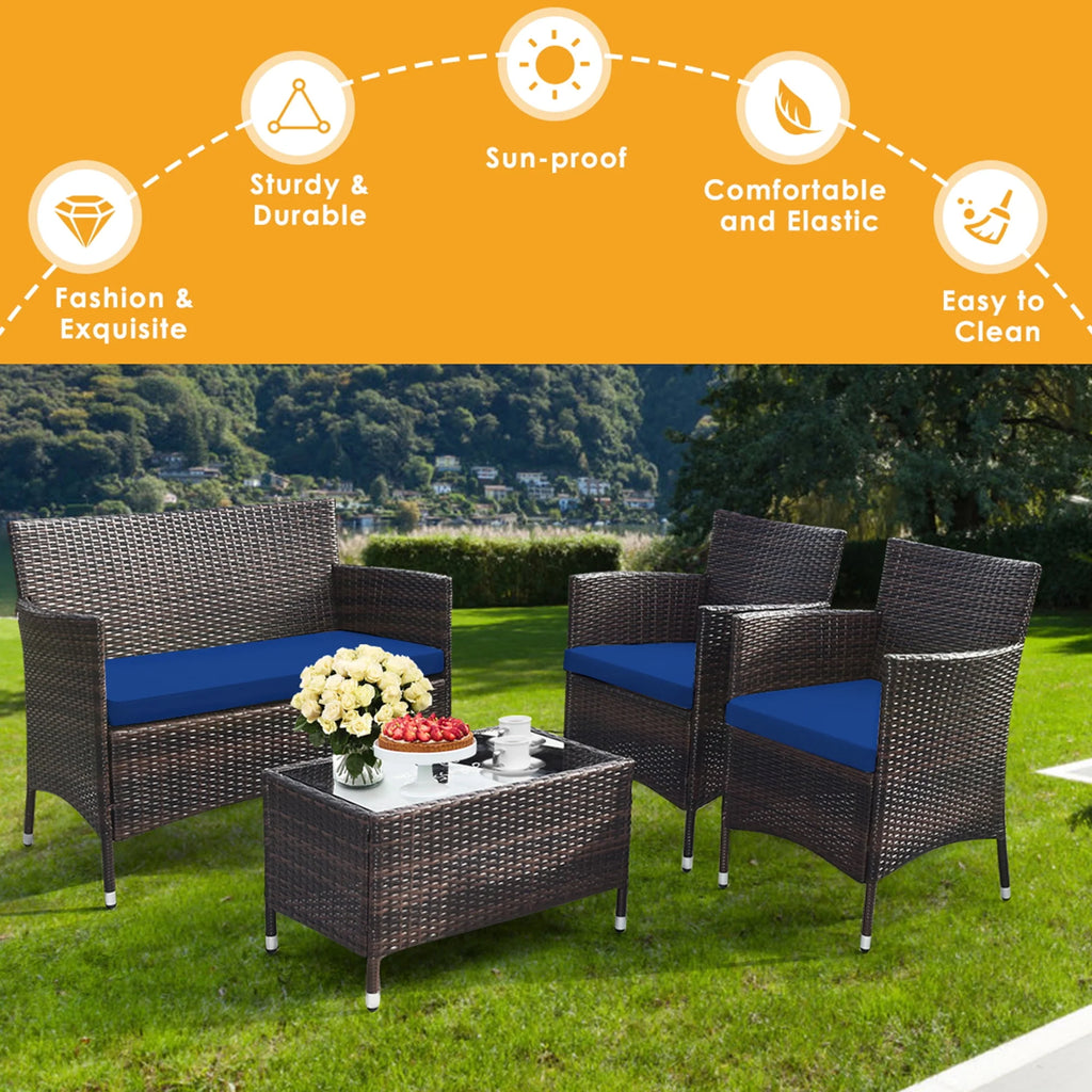 4 Pc Turquoise Cushioned Patio Rattan Conversation Furniture Set Q75417