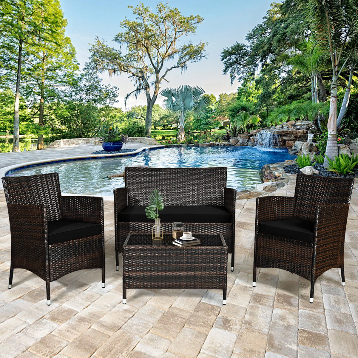 4 Pc Turquoise Cushioned Patio Rattan Conversation Furniture Set Q75417