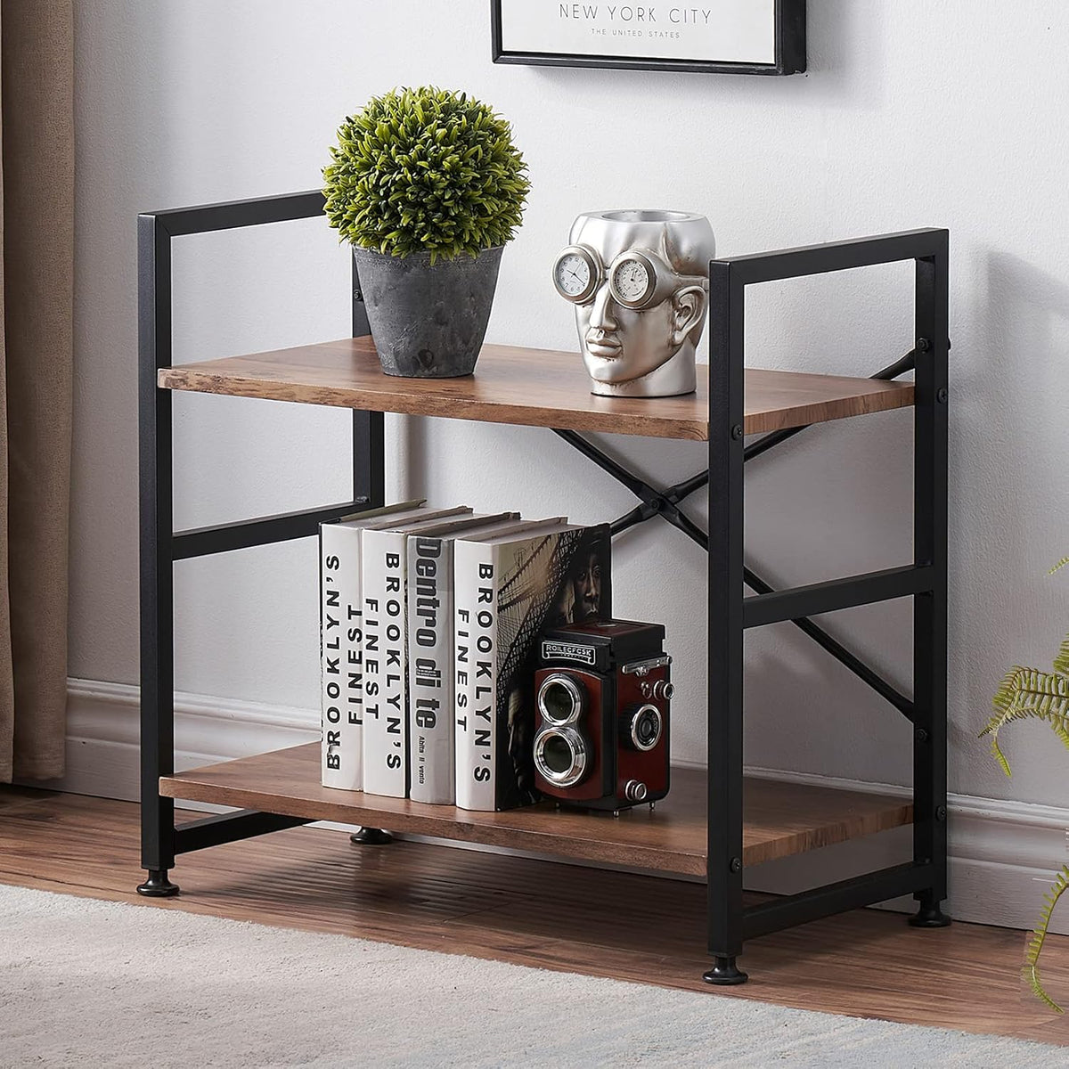 2 Tier Rustic Brown Bookshelf with Metal Frame P32031