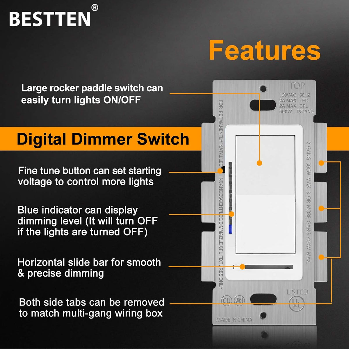 5 Pack White Digital Dimmer Switch N832