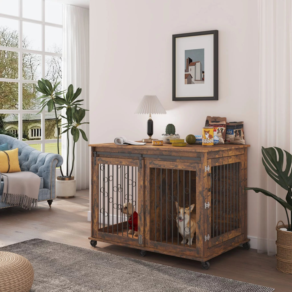 Large Wooden Dog Crate Furniture with Wheels K978