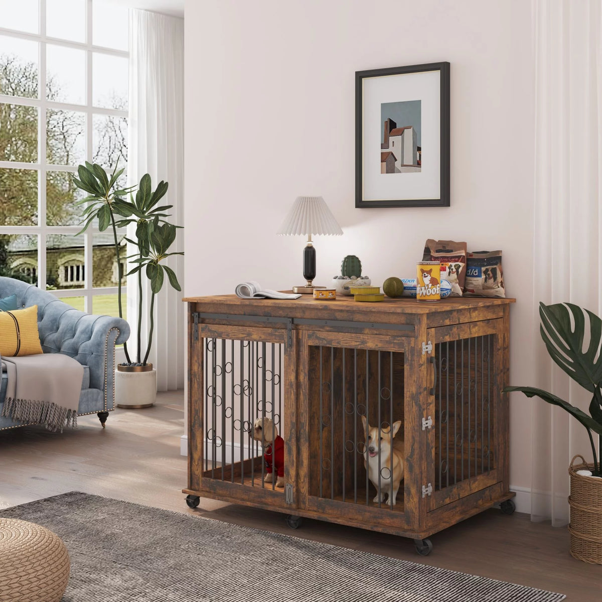 Large Wooden Dog Crate Furniture with Wheels K978
