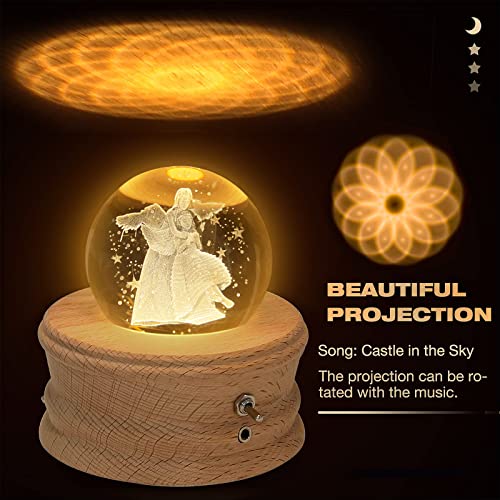 3D Crystal Ball Music Box with LED Light and Rotating Wooden Base A39678