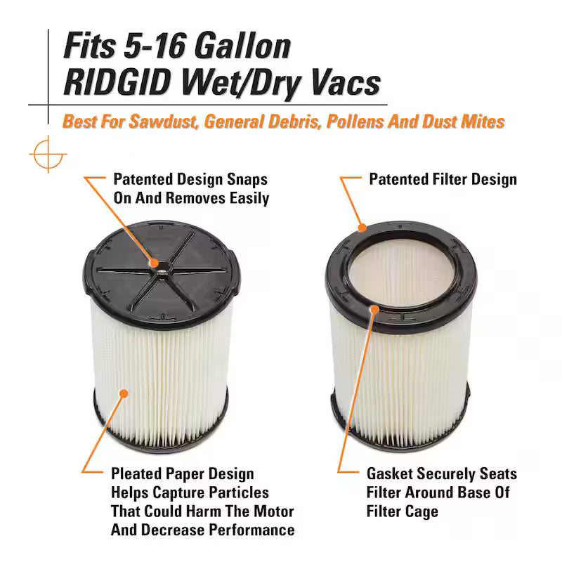 Pleated Paper Wet/Dry Vac Cartridge Filter 16-Pack D7383