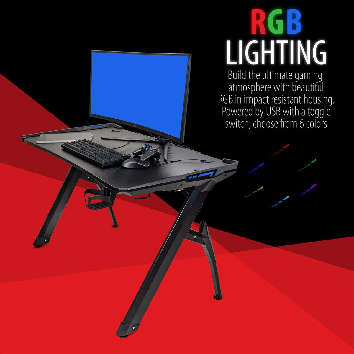 Ultrawide Curved LED Computer Desk, Waterproof Carbon-Fiber Surface, 6-Color RGB Lighting Accents, Cup Holder, 31.5 Mouse Pad Z651