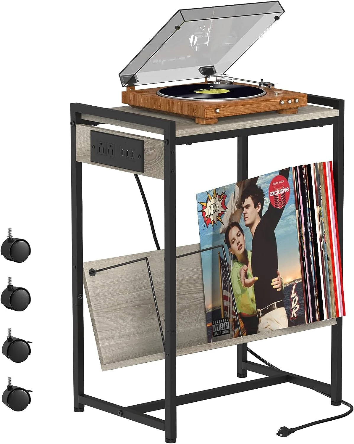 2-Tier End Table with Charging Station and Vinyl Storage Shelf C756