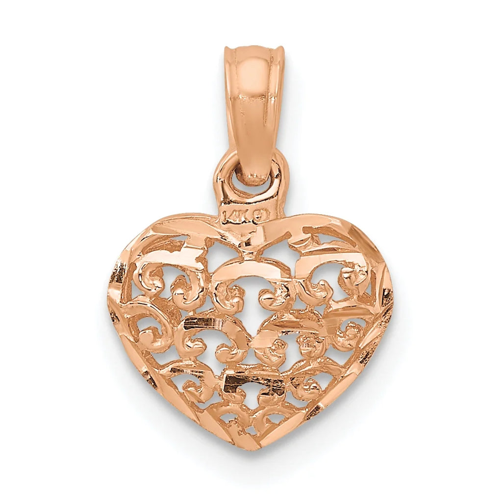 14K Rose Gold Polished Puffed Heart Pendant With 10K Yellow Gold Rope Chain 18" F6761