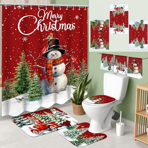 7 Pcs Christmas Shower Curtain Set Non Slip Waterproof Bathroom Accessories B3284