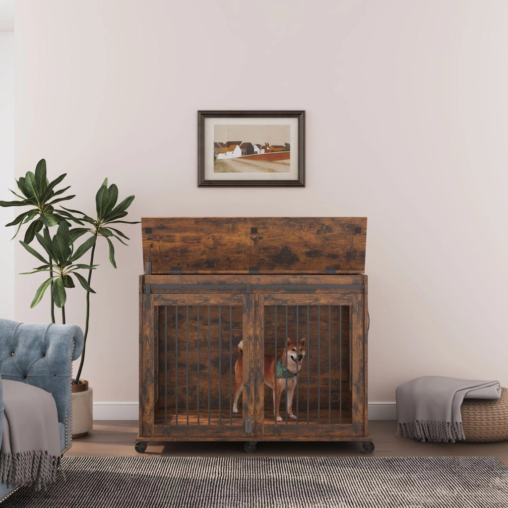 Large Wooden Dog Crate Furniture with Wheels K978
