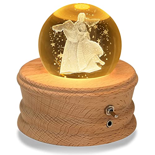 3D Crystal Ball Music Box with LED Light and Rotating Wooden Base A39678