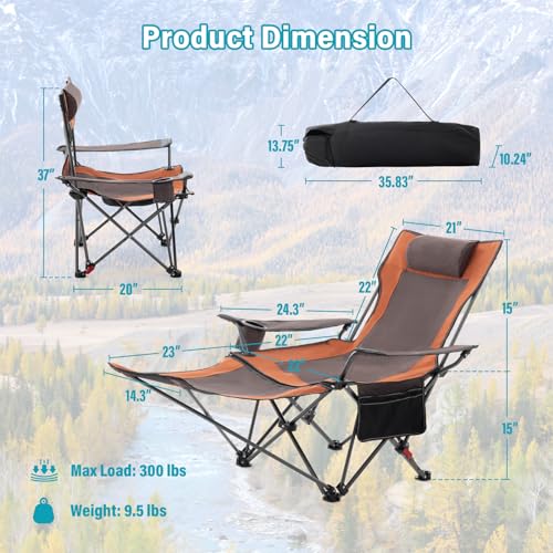 Reclining Camping Chair with Foot Rest, Folding Lounge Chairs, Gray M408