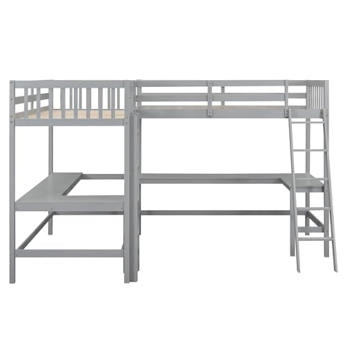 Grey Twin Size L-Shaped Loft Bed with Desk and Guardrails W700