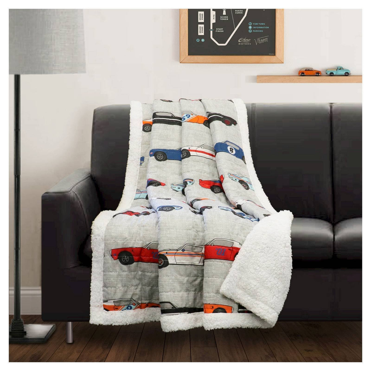 Race Cars Throw Blue/Orange Sherpa U4632