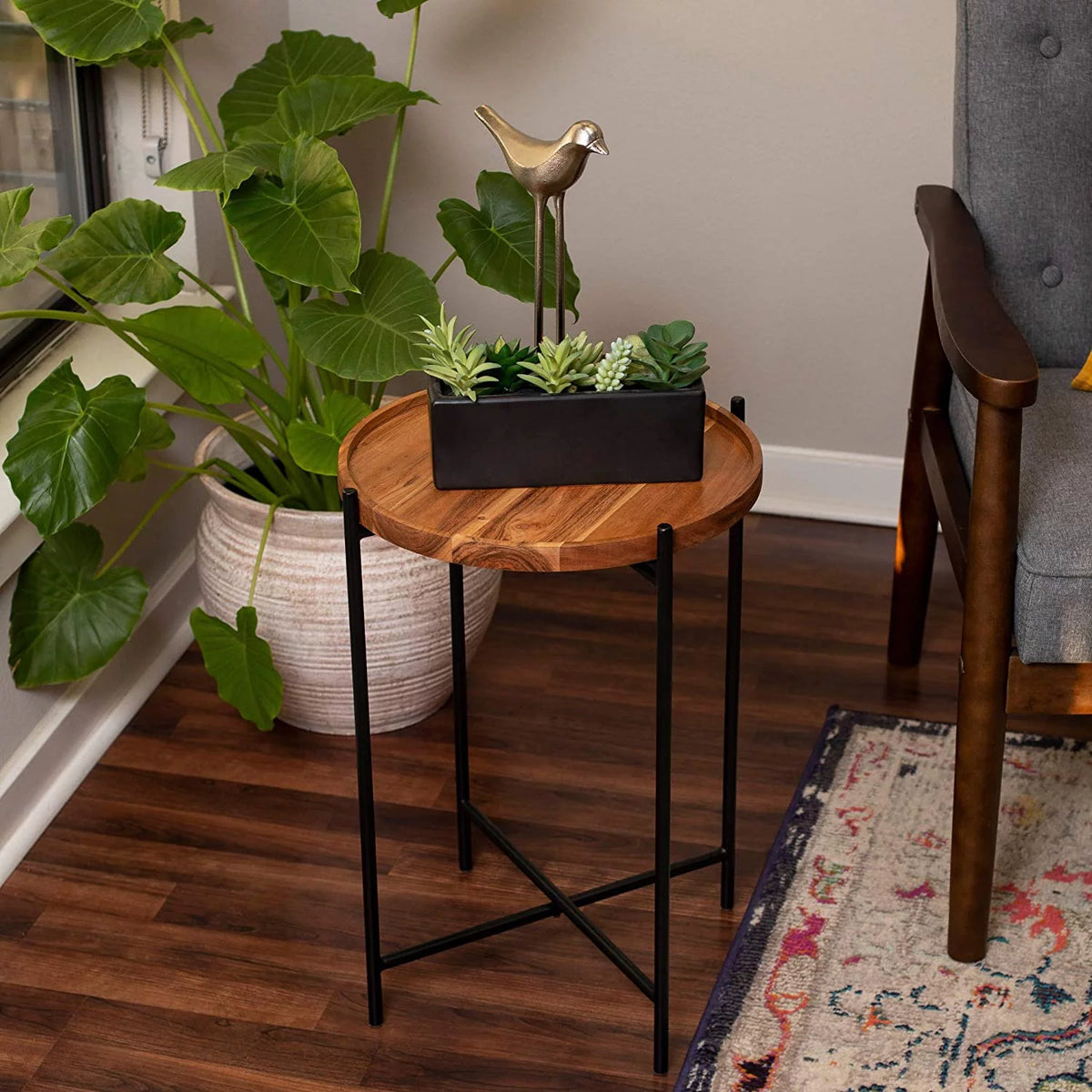 Folding Side Table with Removable Wood Tray I813
