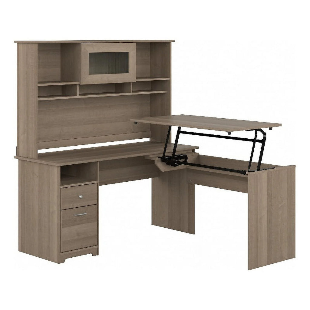 Ash Gray Engineered Wood Sit to Stand L Desk with Hutch O568