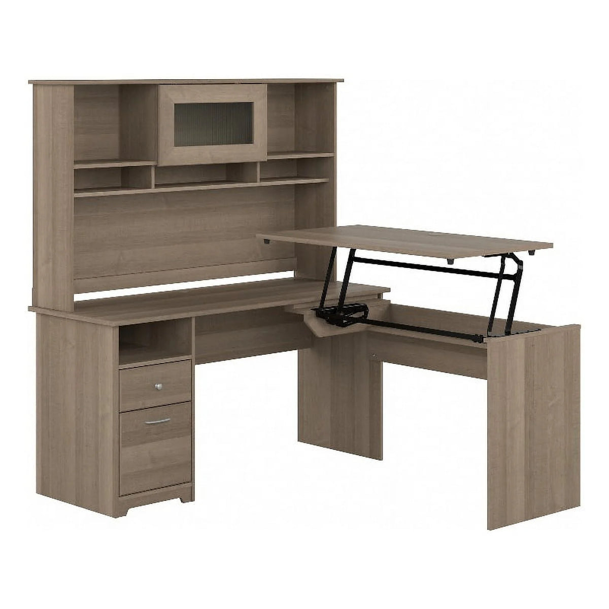 Ash Gray Engineered Wood Sit to Stand L Desk with Hutch O568