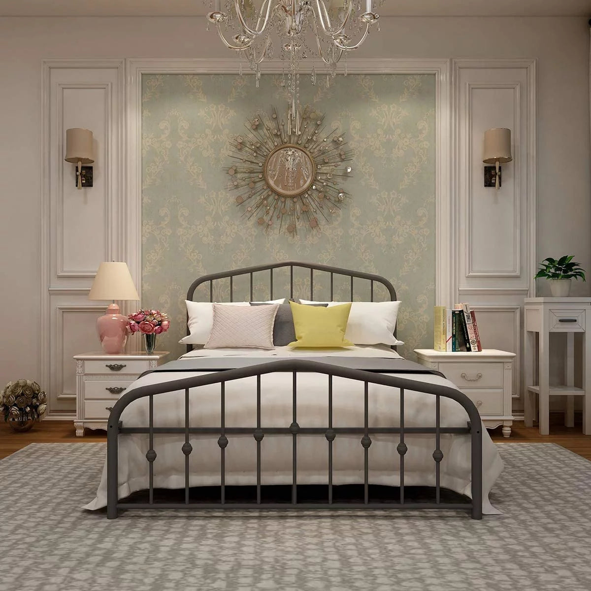 Metal Bed Frame Full Size with Vintage Headboard and Footboard Black L4899