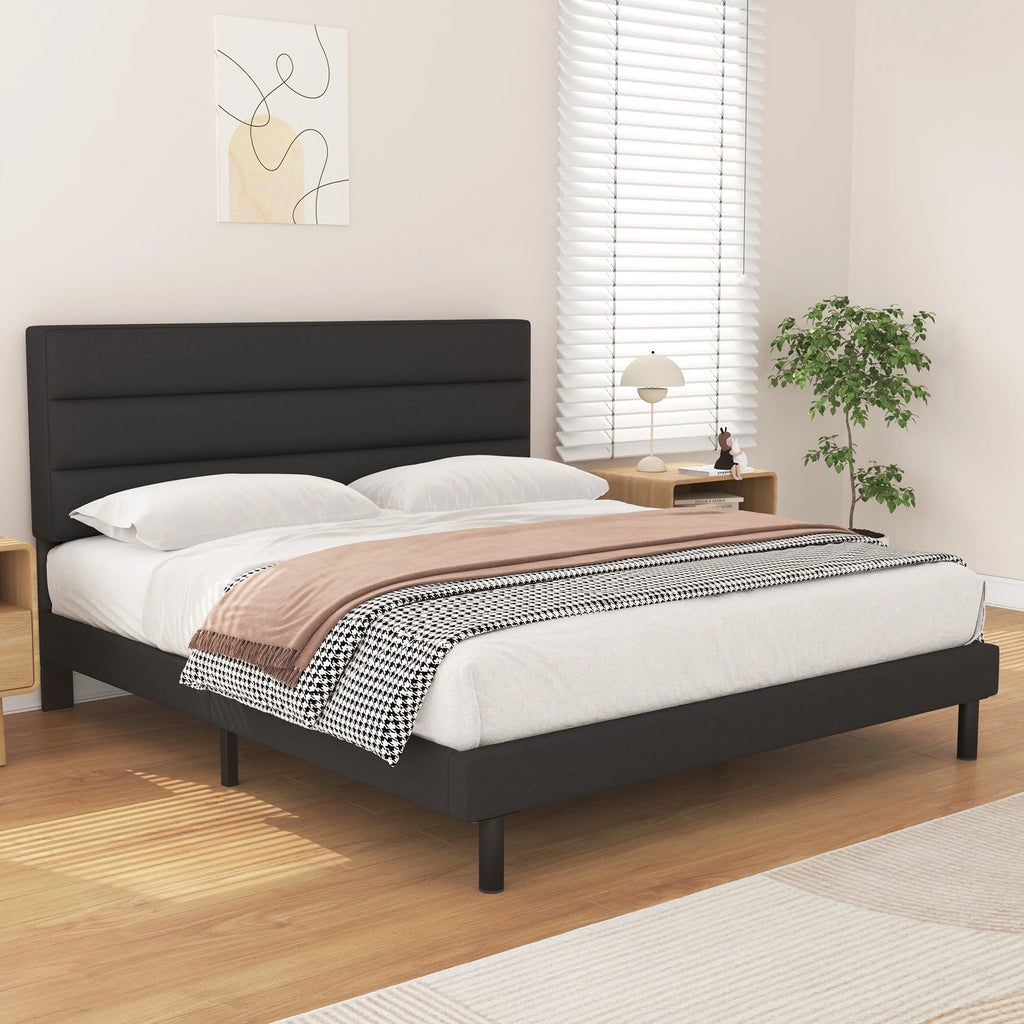 King Size Platform Bed with Wingback Fabric Upholstered Headboard Y76739