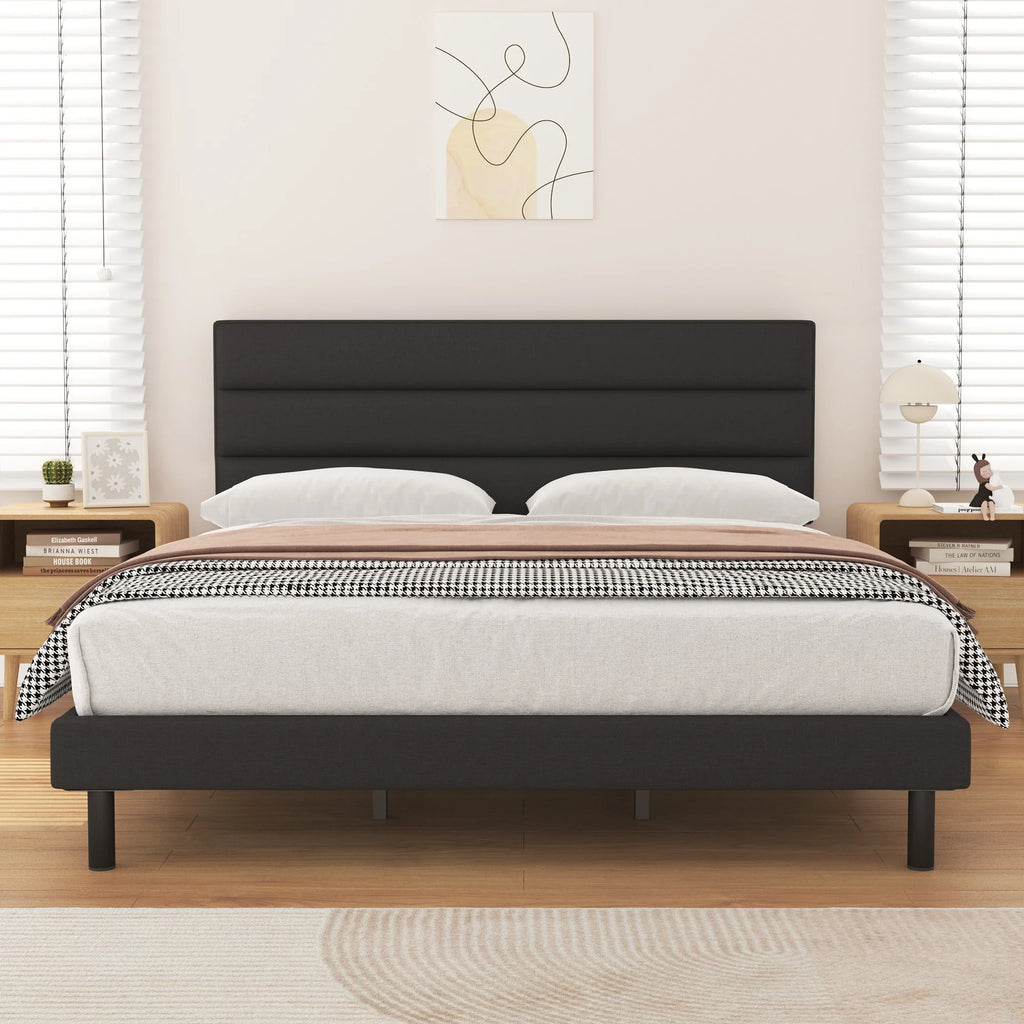 King Size Platform Bed with Wingback Fabric Upholstered Headboard Y76739