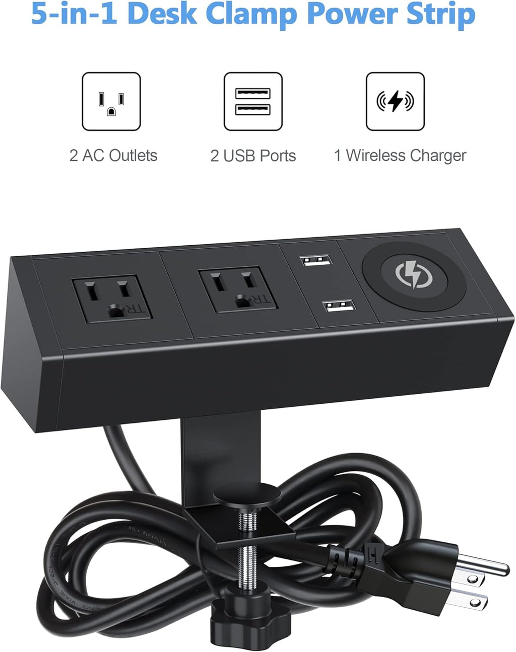 Desk Clamp Power Strip with Wireless Charger, 6ft Cable J76695