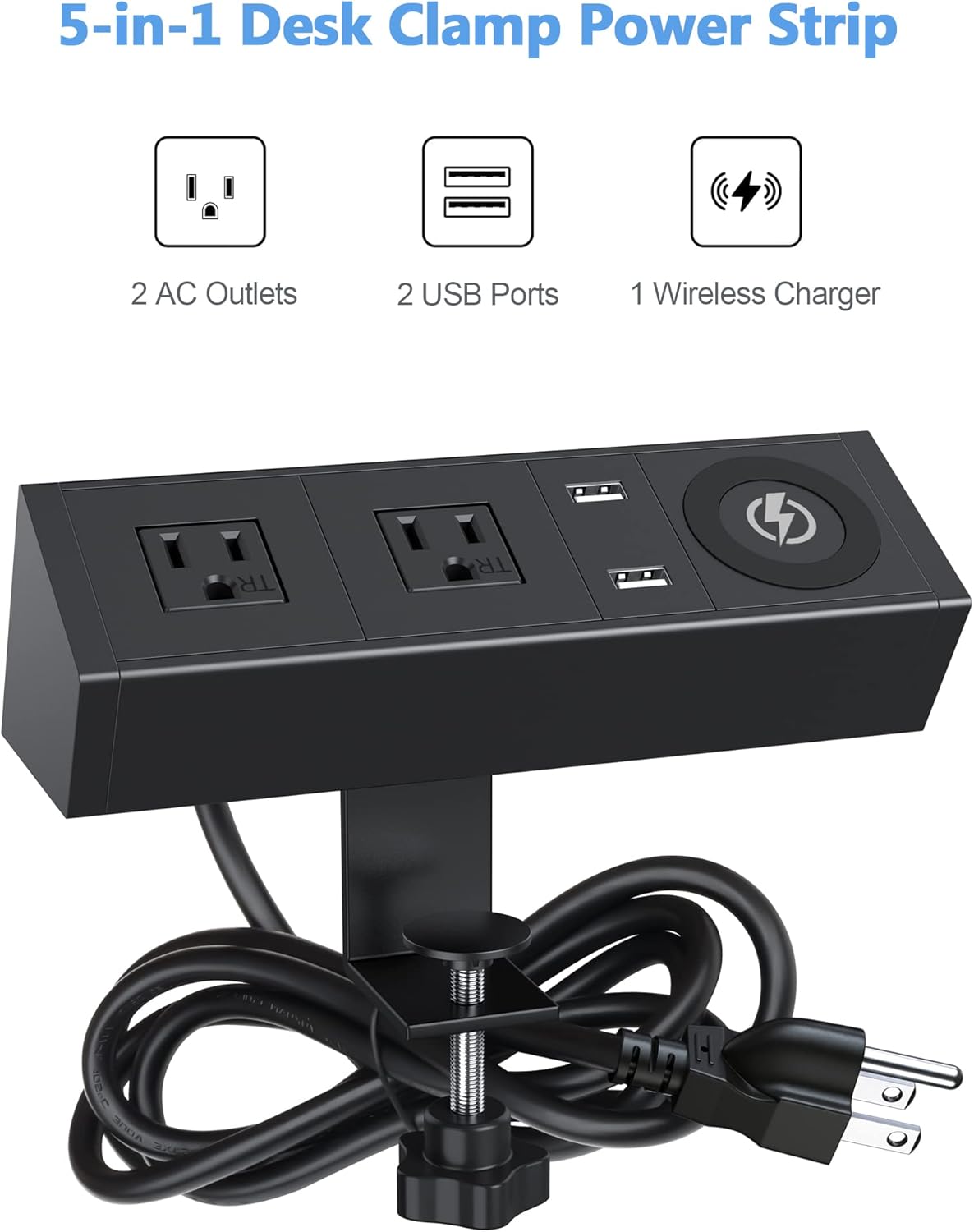 Desk Clamp Power Strip with Wireless Charger, 6ft Cable J76695