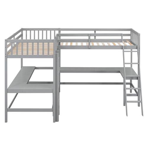 Grey Twin Size L-Shaped Loft Bed with Desk and Guardrails W700