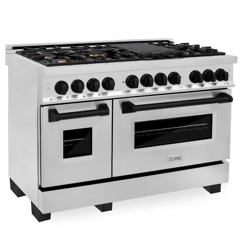 48 in. 7 Burner Double Oven Dual Fuel Range in Stainless Steel and Matte Black Z370