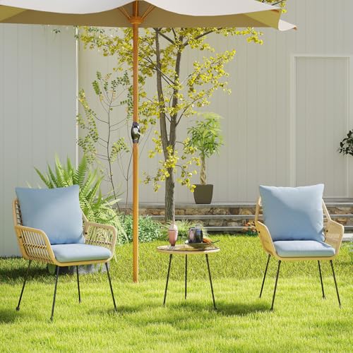 Blue 3 Pieces Upholstered Rattan Patio Bistro Set with Coffee Table S11227