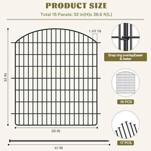 16 Panels 32in x 38.6ft Rustproof Metal Garden Fence with Gate Y82371