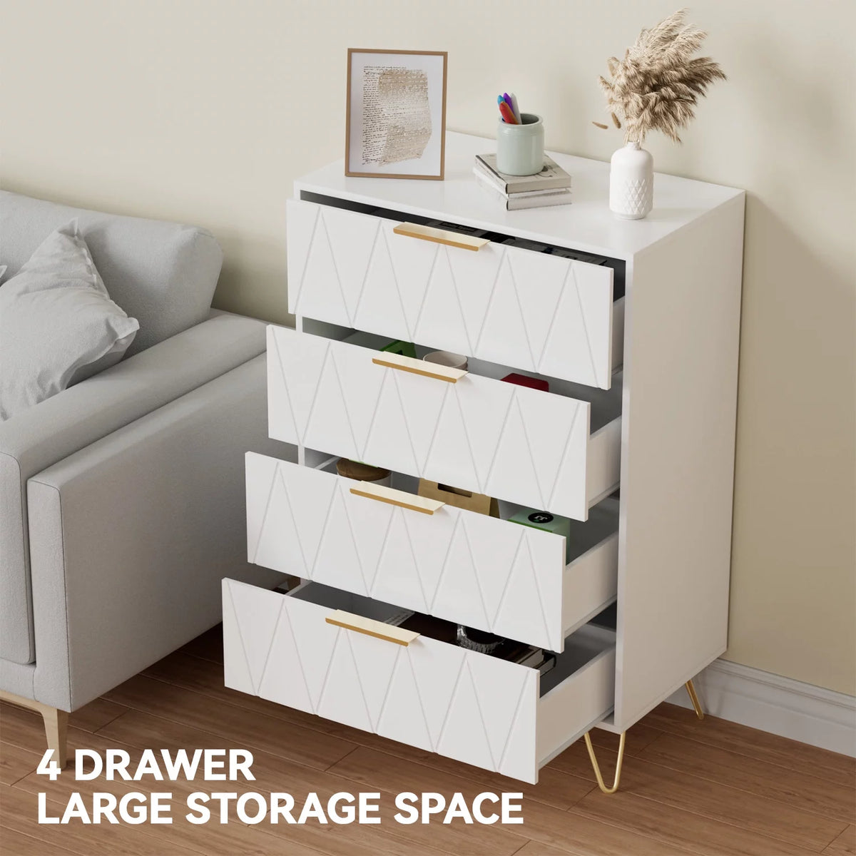Black 4 Drawer Wood Dresser with Metal Handles N479