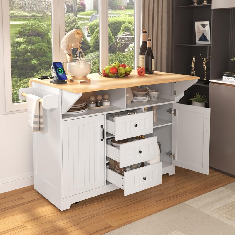 55.7'' Black Kitchen Island with Drop Leaf and 3 Drawers P9901