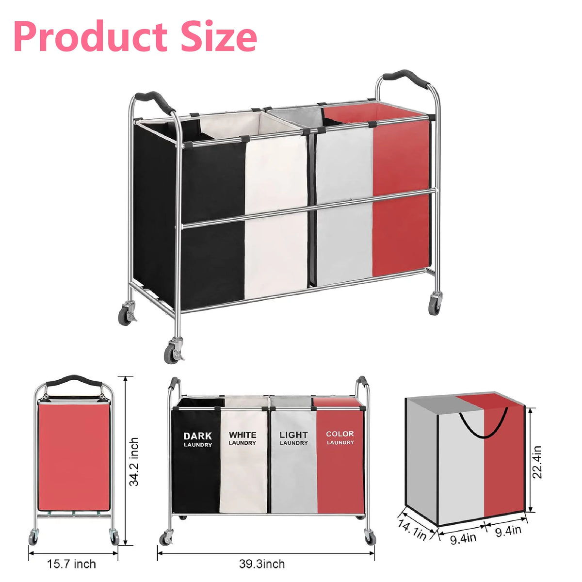 320L 4-Bag Laundry Hamper Sorter with Frame and Wheels R119740