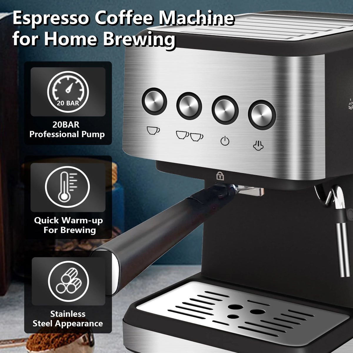 20 Bar Stainless Steel Espresso Machine with Milk Frother B570991