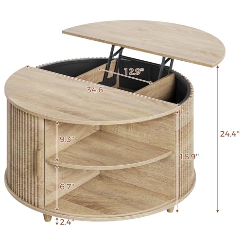 Round Lift Top Coffee Table with Hidden Storage and Open Shelves, Oak S189