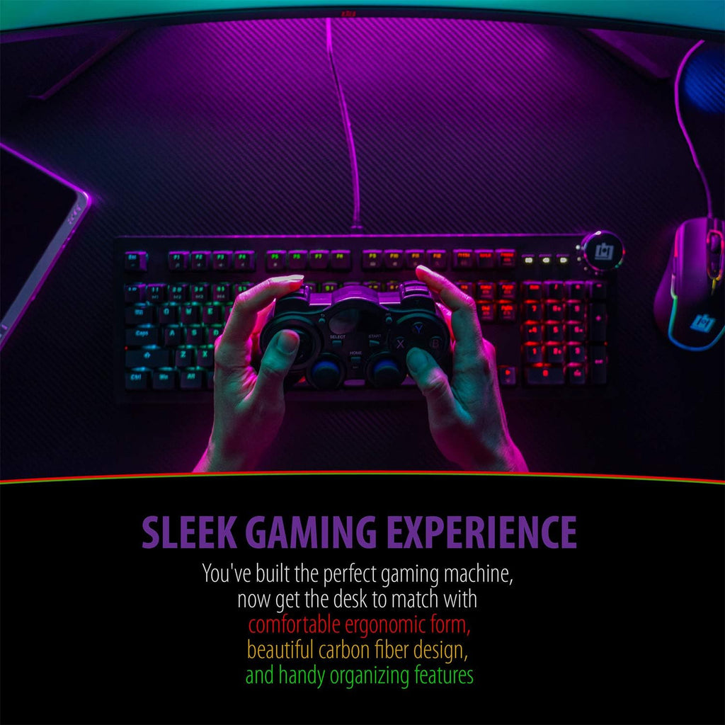 Ultrawide Curved LED Computer Desk, Waterproof Carbon-Fiber Surface, 6-Color RGB Lighting Accents, Cup Holder, 31.5 Mouse Pad Z651