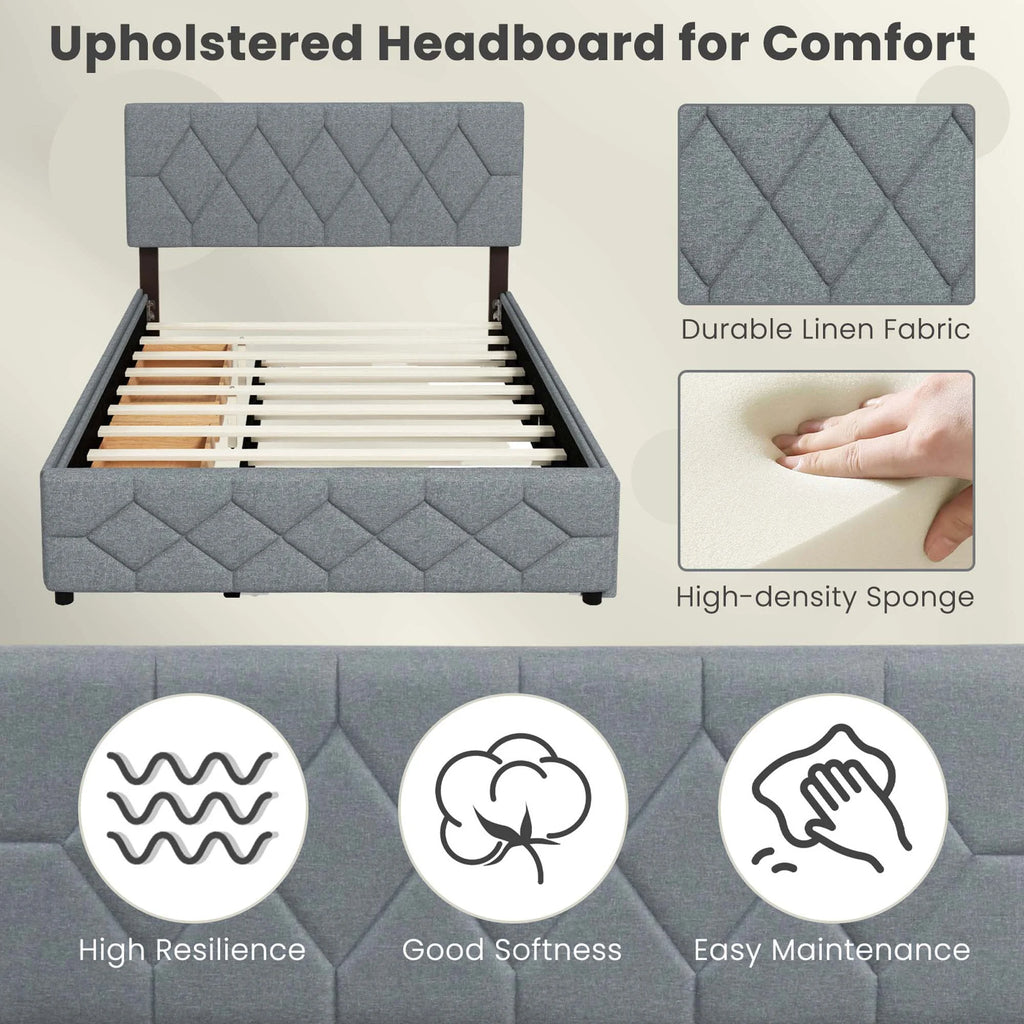 Queen Upholstered Platform Bed with Twin XL Trundle and 2 Drawers X5086