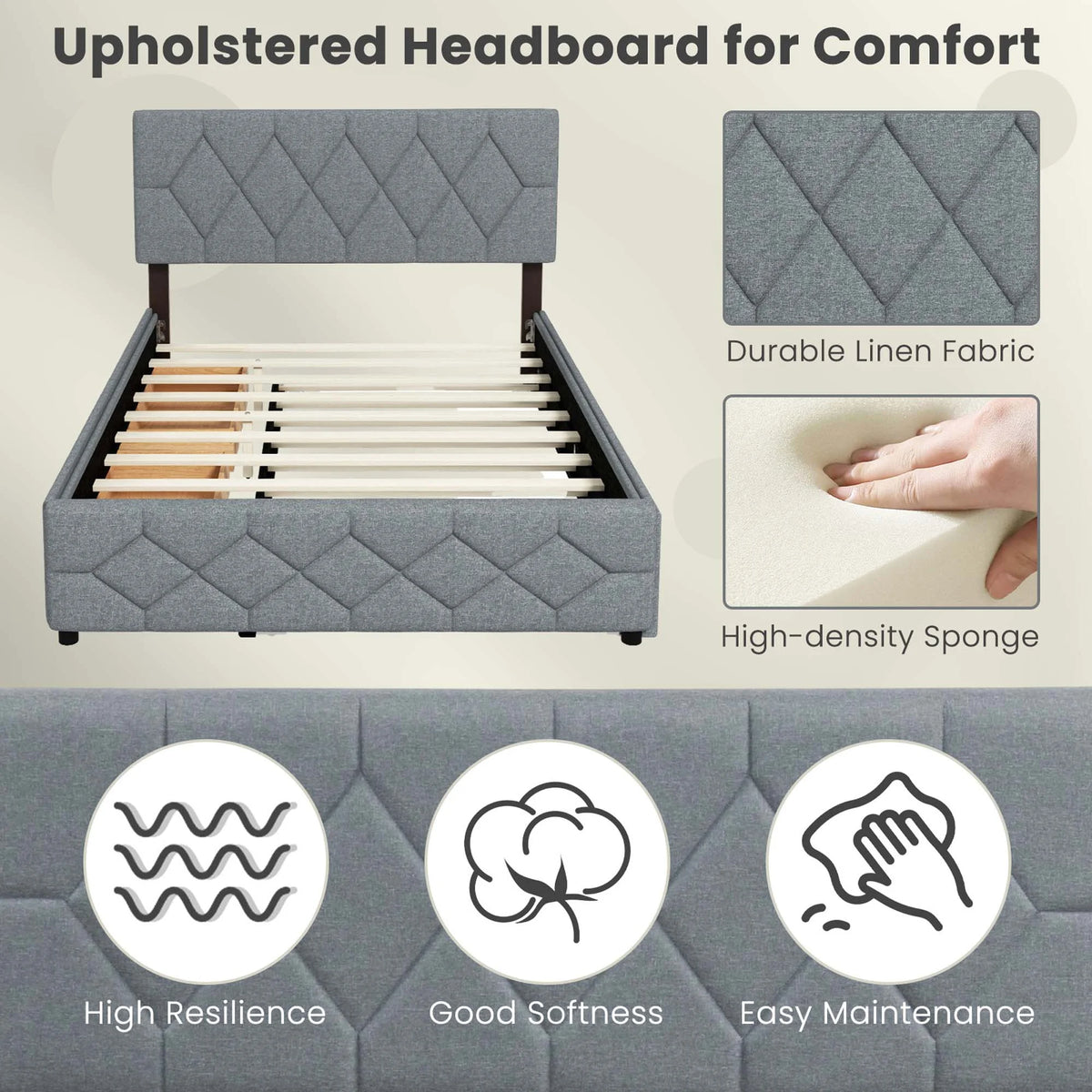 Queen Upholstered Platform Bed with Twin XL Trundle and 2 Drawers X5086